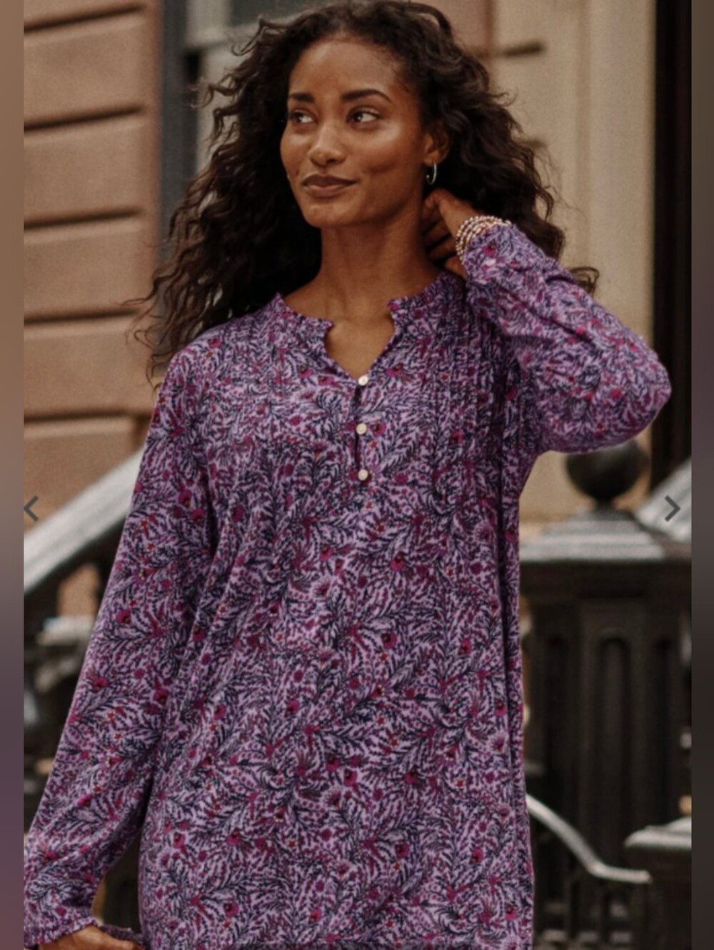 J. Jill Ruffle Trimmed Pintucked Tunic Modal Cotton Blend Purple Floral Medium